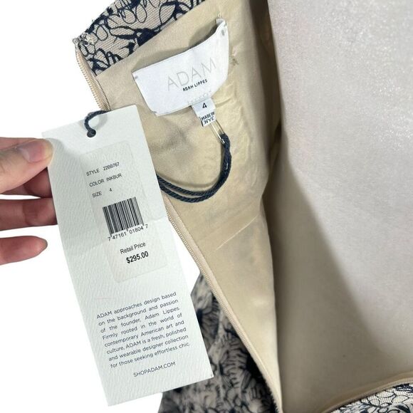 Adam Lippes New !! Jacquard Sheath Dress Sz Small 4 Beige & Navy Floral Linen - Picture 3 of 13